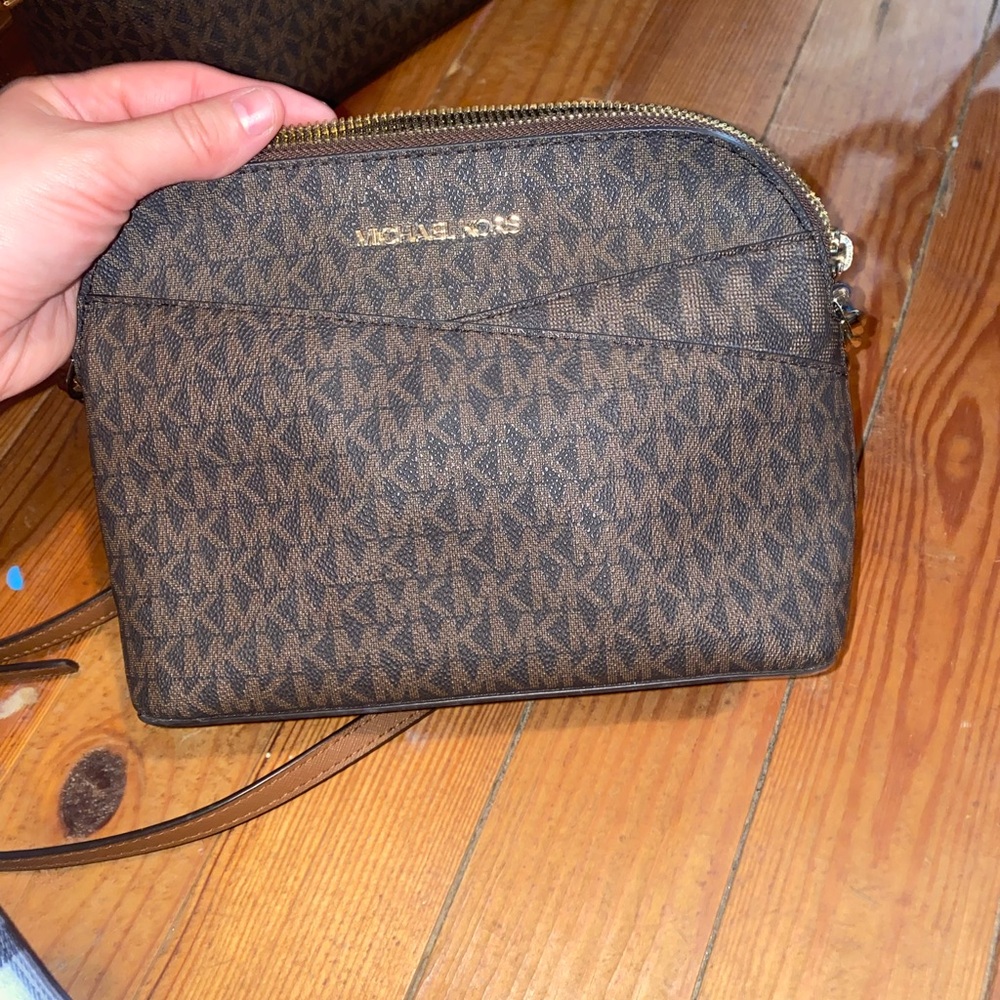 Michael Kors Brown MK Monogram Crossbody Bag with Gold Hardware